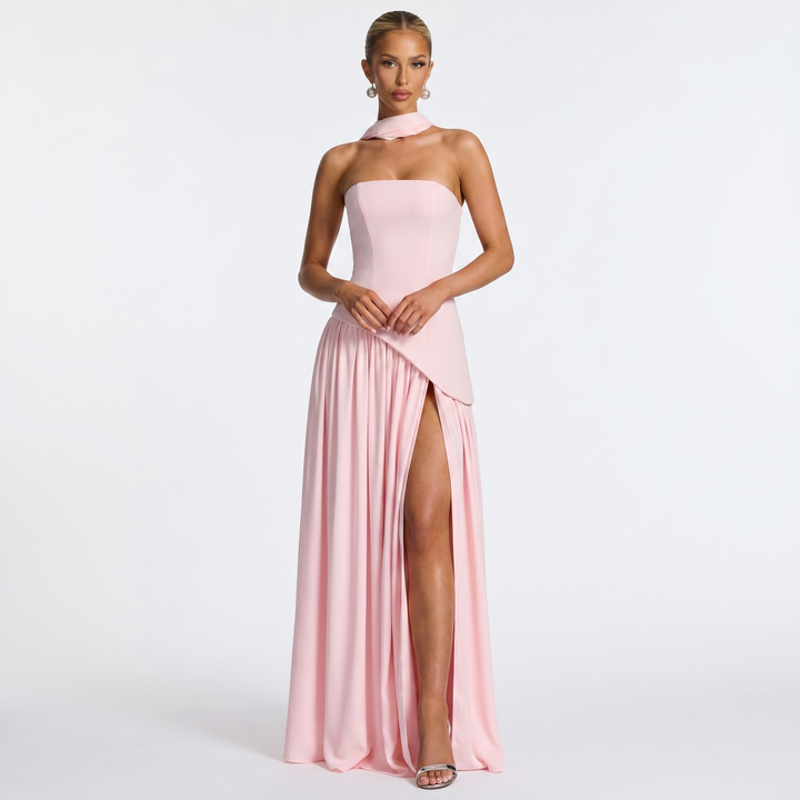 Women's Formal Maxi Dress – Strapless Chiffon Split Scarf Neck Gathered Gown