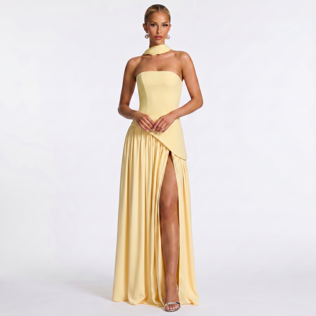 Women's Formal Maxi Dress – Strapless Chiffon Split Scarf Neck Gathered Gown