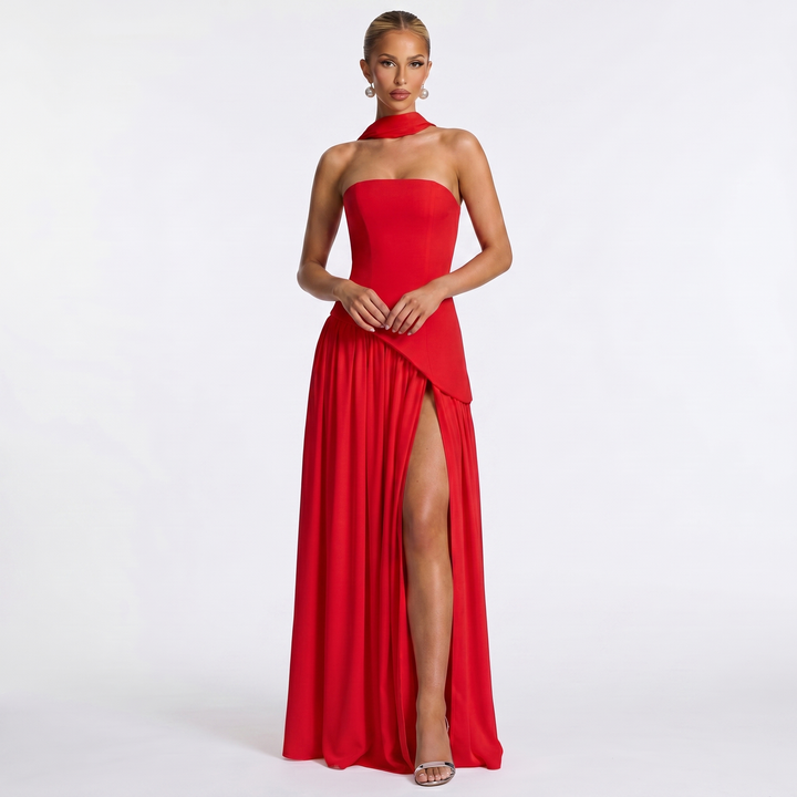 Women's Formal Maxi Dress – Strapless Chiffon Split Scarf Neck Gathered Gown