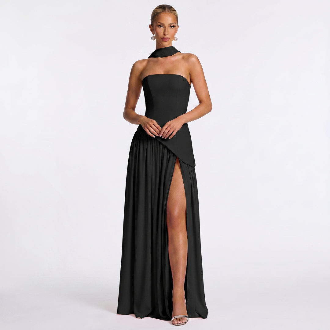 Women's Formal Maxi Dress – Strapless Chiffon Split Scarf Neck Gathered Gown