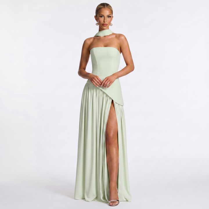 Women's Formal Maxi Dress – Strapless Chiffon Split Scarf Neck Gathered Gown