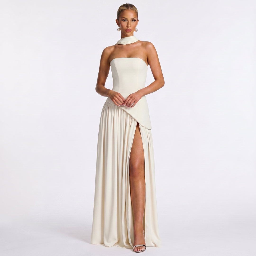 Women's Formal Maxi Dress – Strapless Chiffon Split Scarf Neck Gathered Gown