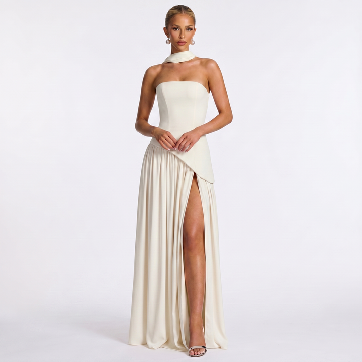 Women's Formal Maxi Dress – Strapless Chiffon Split Scarf Neck Gathered Gown