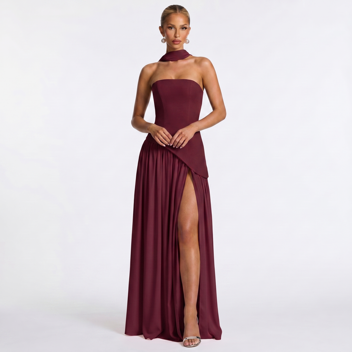 Women's Formal Maxi Dress – Strapless Chiffon Split Scarf Neck Gathered Gown