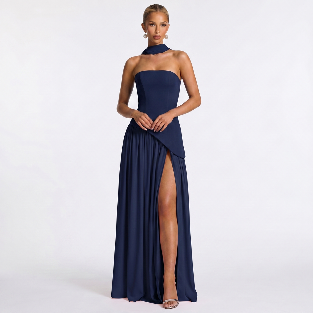 Women's Formal Maxi Dress – Strapless Chiffon Split Scarf Neck Gathered Gown