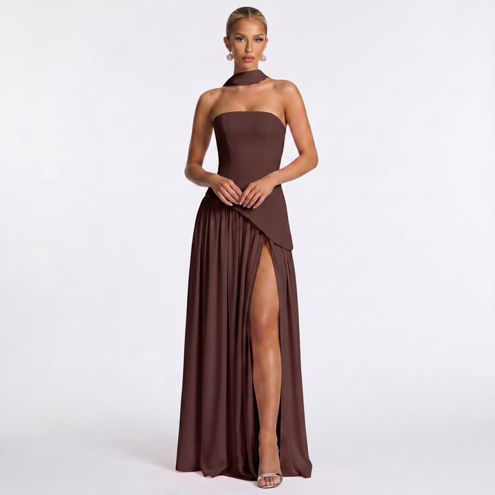 Women's Formal Maxi Dress – Strapless Chiffon Split Scarf Neck Gathered Gown