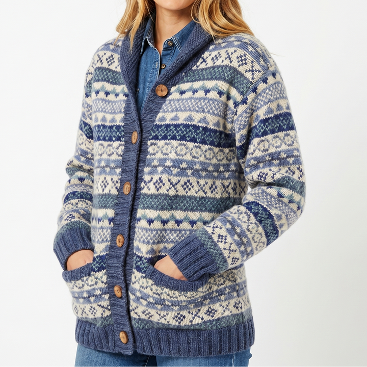 Women's Oversized Fair Isle Cardigan with Shawl Collar