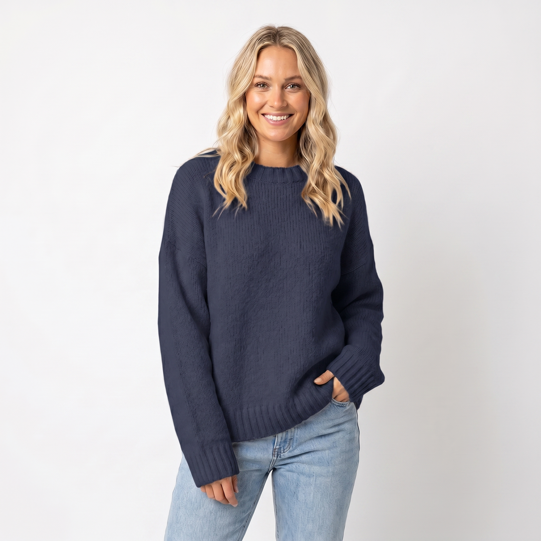Women's Oversized Jumper – Crew Neck Ribbed Cuff Relaxed Knit Pullover