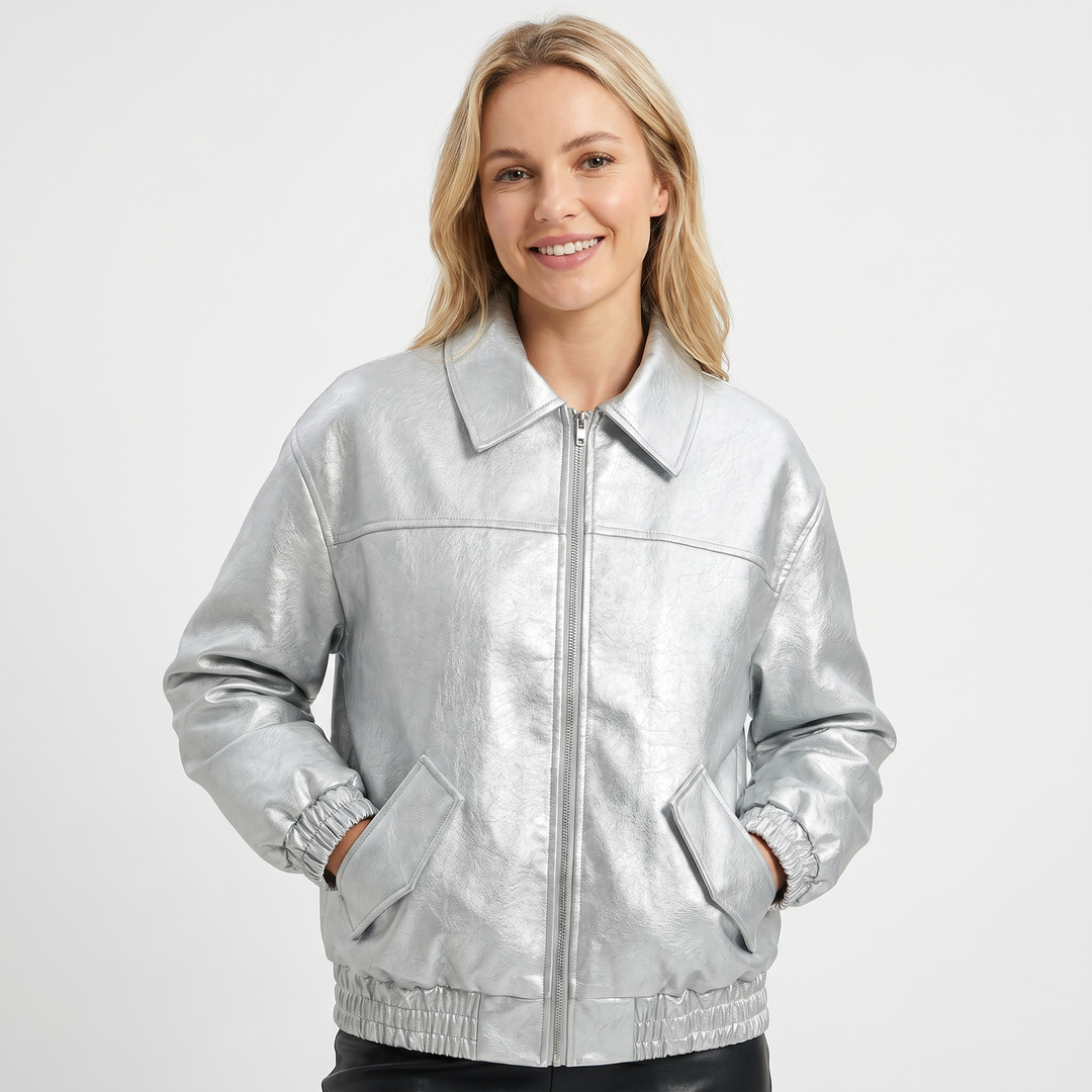Women's Bomber Jacket – Faux Leather Point Collar Elasticated Hem Zip