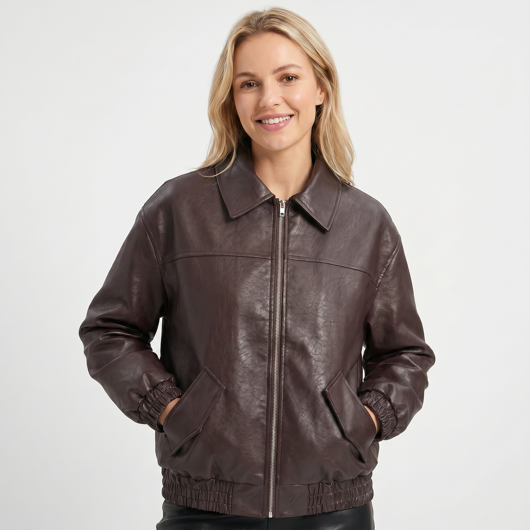 Women's Bomber Jacket – Faux Leather Point Collar Elasticated Hem Zip