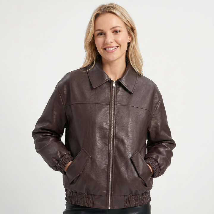 Women's Bomber Jacket – Faux Leather Point Collar Elasticated Hem Zip