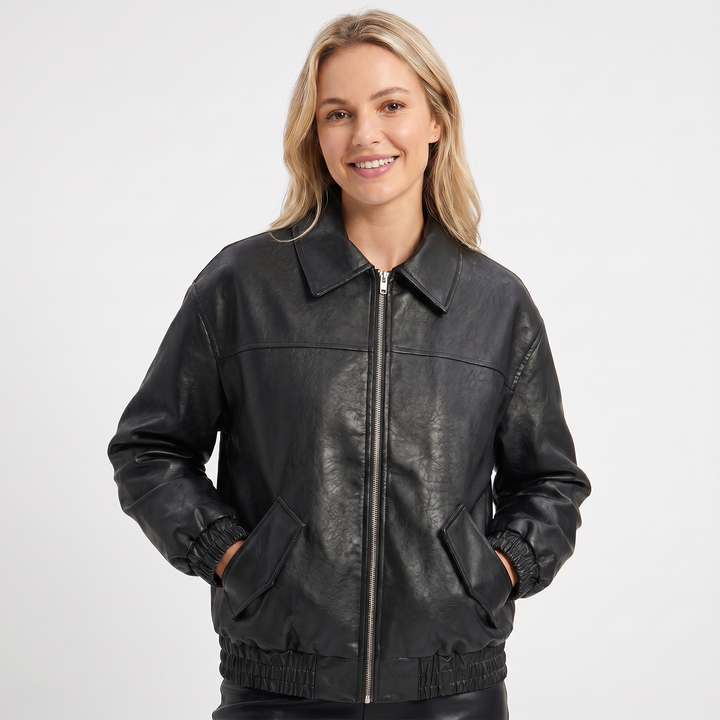 Women's Bomber Jacket – Faux Leather Point Collar Elasticated Hem Zip