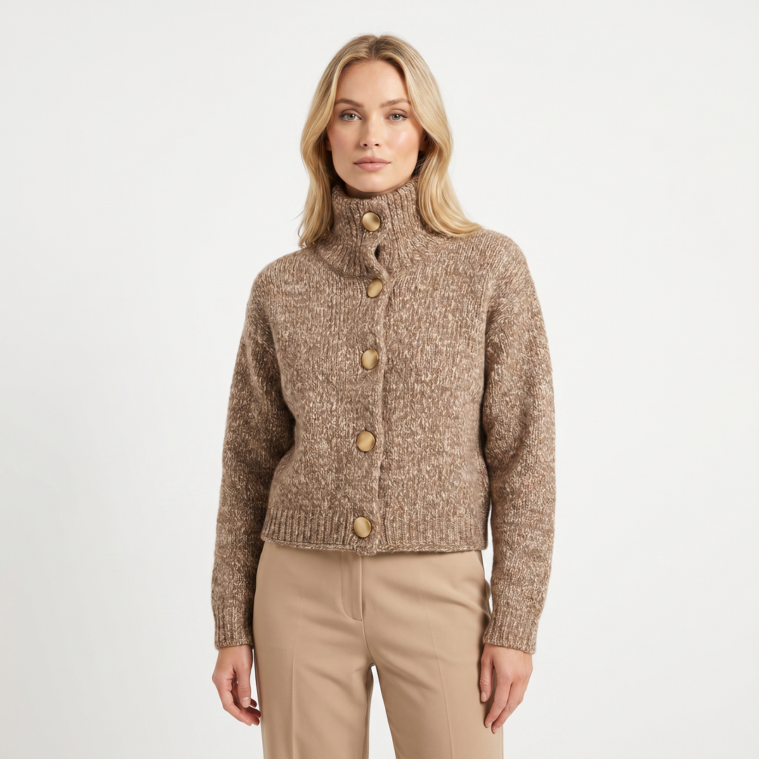 Women's Fluffy Cardigan – Funnel Neck Button-Front Cropped Boxy Marl Knit