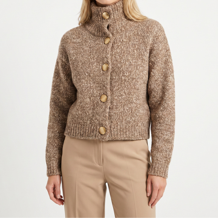 Women's Cropped Knit Cardigan with Funnel Neck