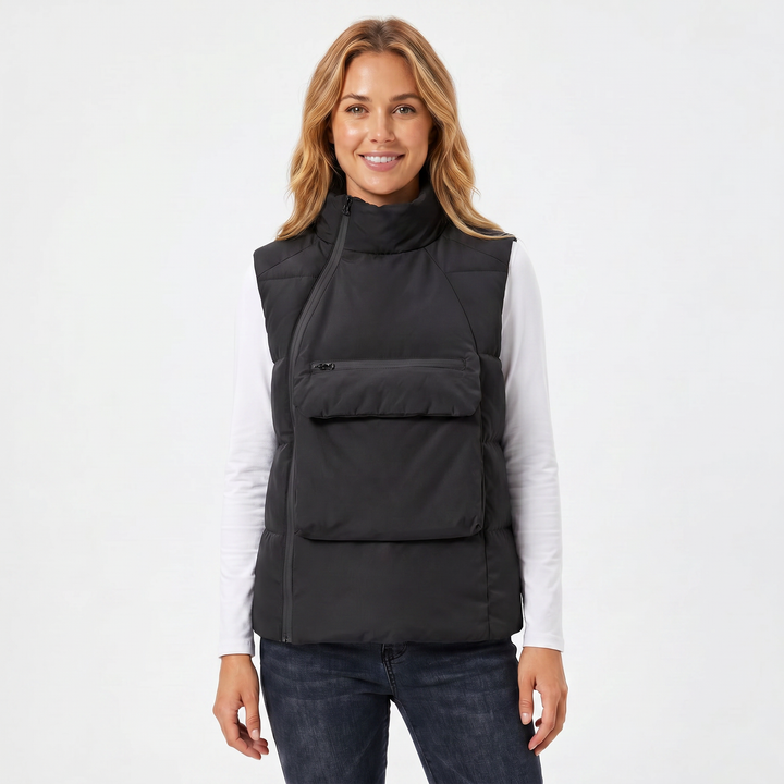 Women's Quilted Jacket – Sleeveless Puffer Vest Stand Collar Zip Chest Pocket
