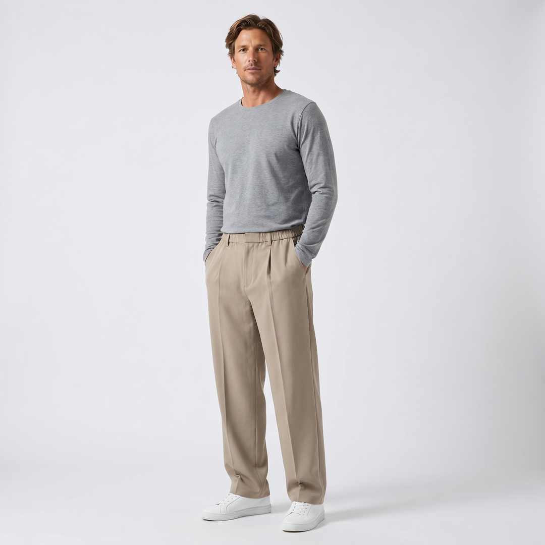 Men's Pleated Trousers – Elasticated Waist Wide Leg Tapered