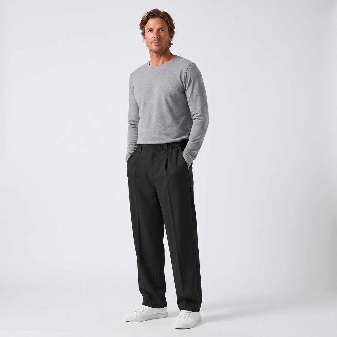 Men's Pleated Trousers – Elasticated Waist Wide Leg Tapered
