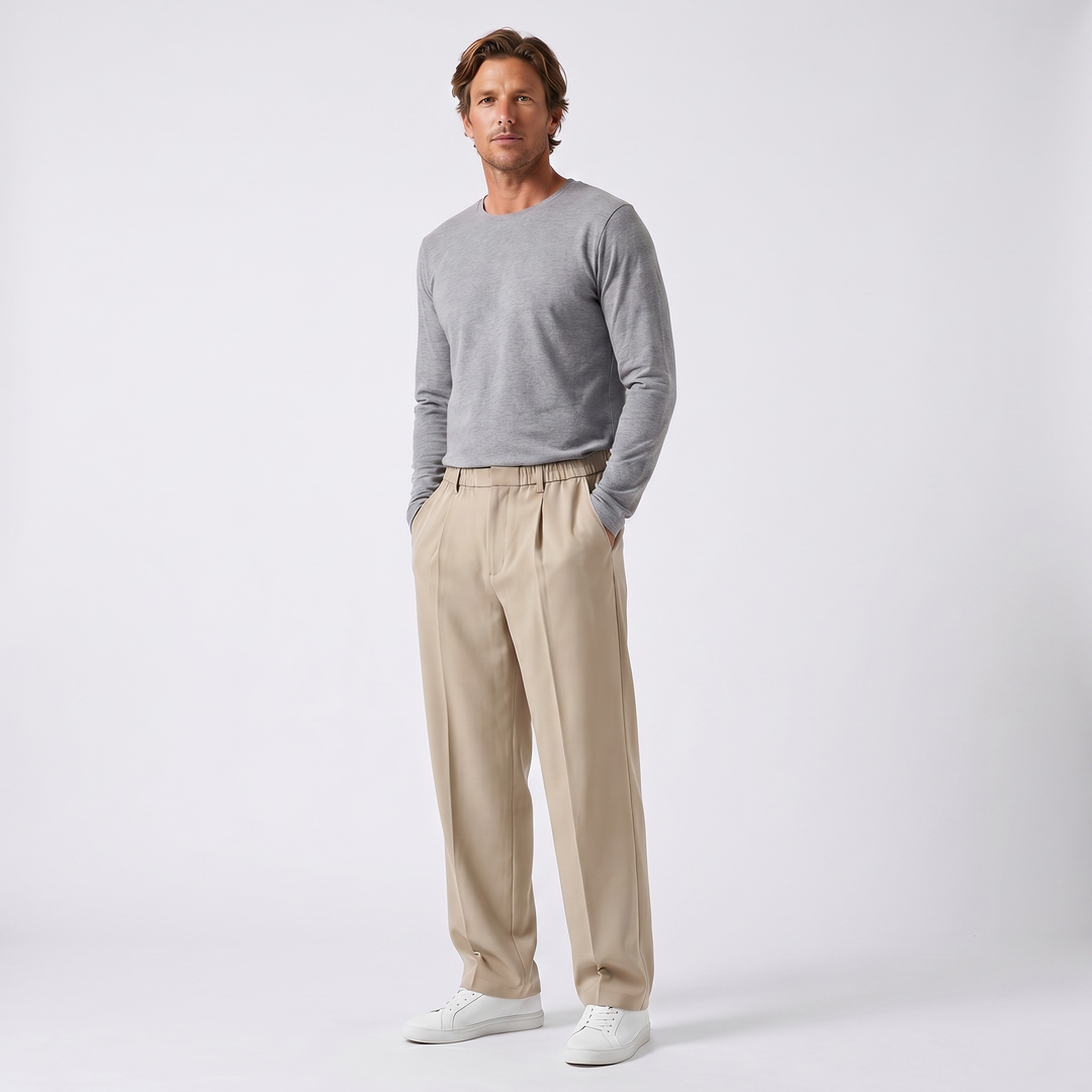 Men's Pleated Trousers – Elasticated Waist Wide Leg Tapered