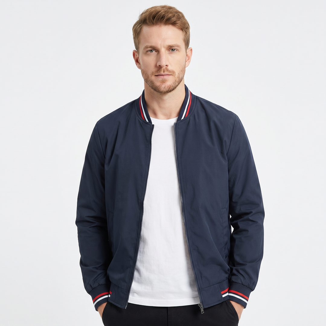 Men's Bomber Jacket – Stripe Rib Collar Lightweight Zip-Front