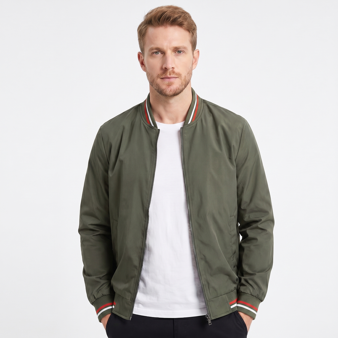 Men's Bomber Jacket – Stripe Rib Collar Lightweight Zip-Front