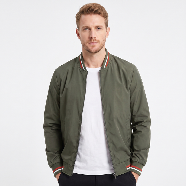 Men's Bomber Jacket – Stripe Rib Collar Lightweight Zip-Front
