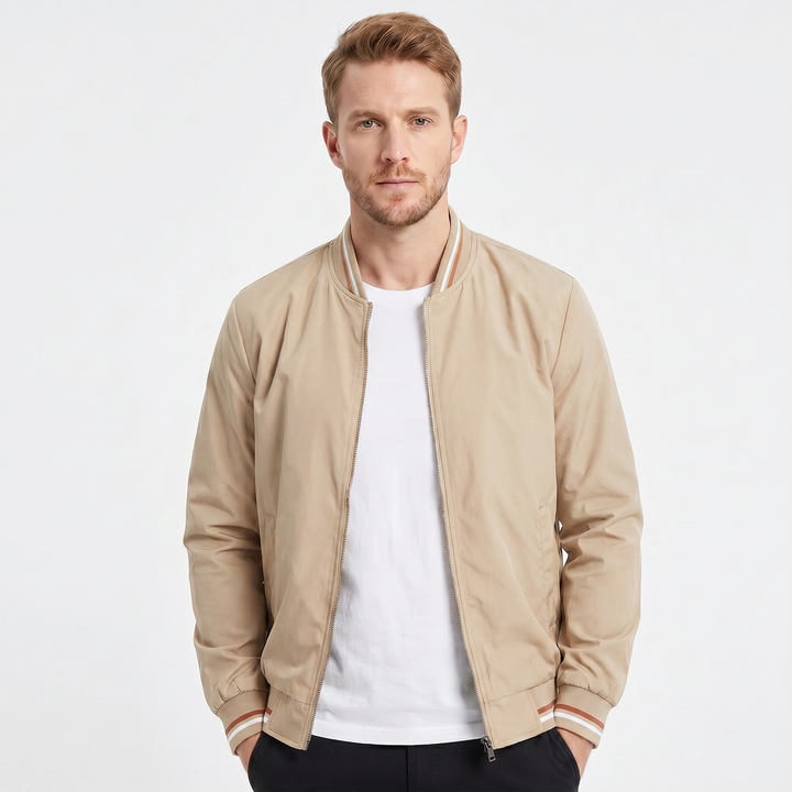 Men's Bomber Jacket – Stripe Rib Collar Lightweight Zip-Front