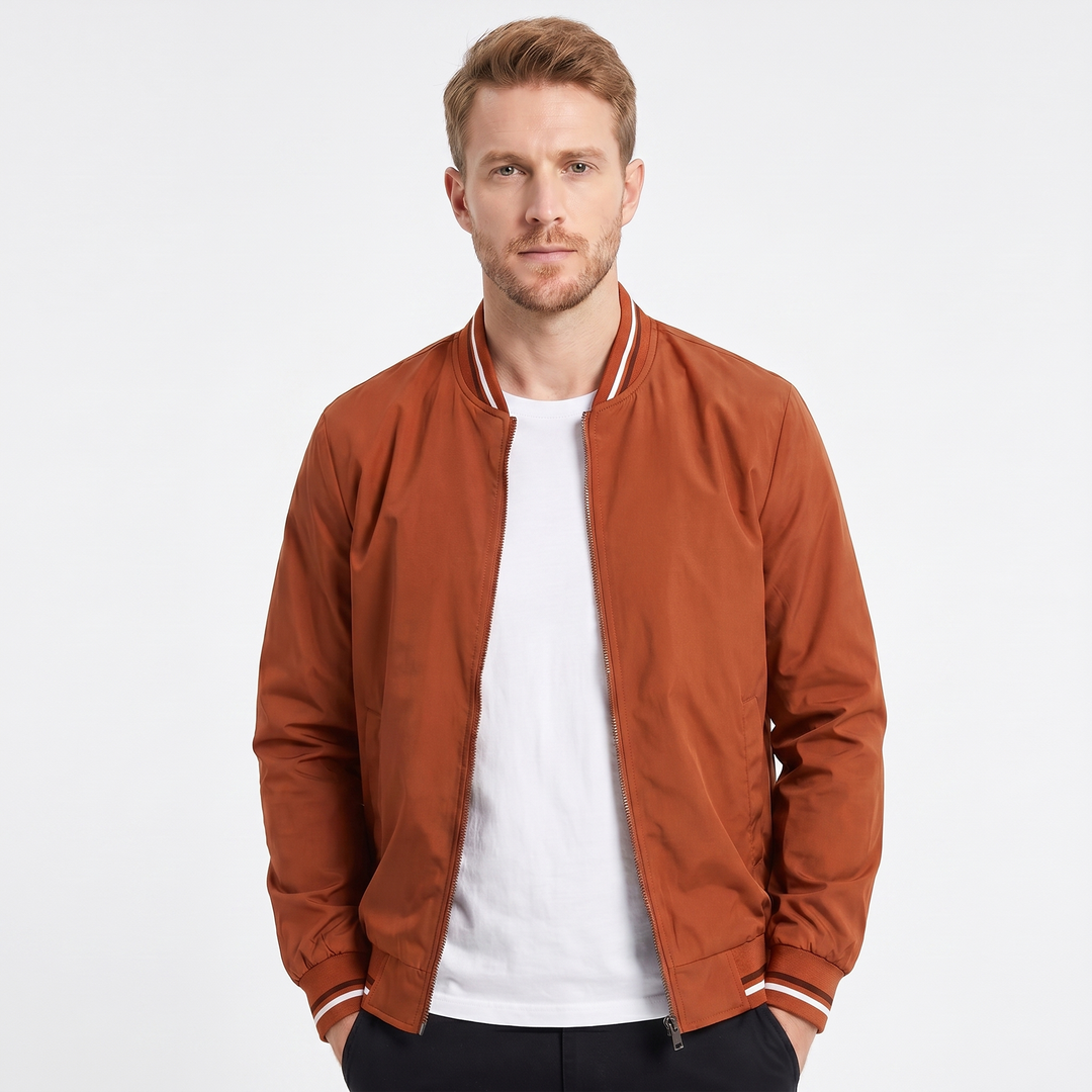 Men's Bomber Jacket – Stripe Rib Collar Lightweight Zip-Front