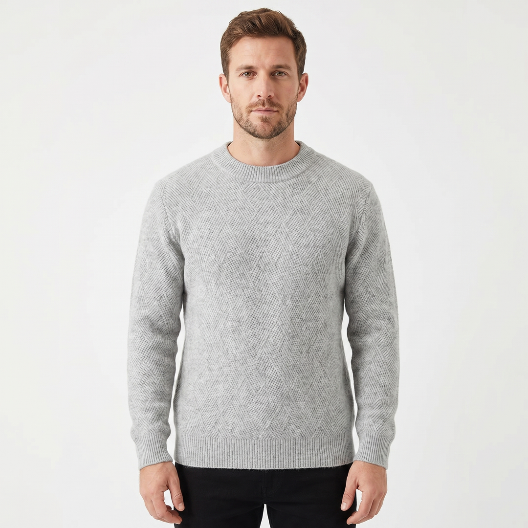 Men's Crew Neck Jumper – Diamond Jacquard Knit Fitted Rib Hem