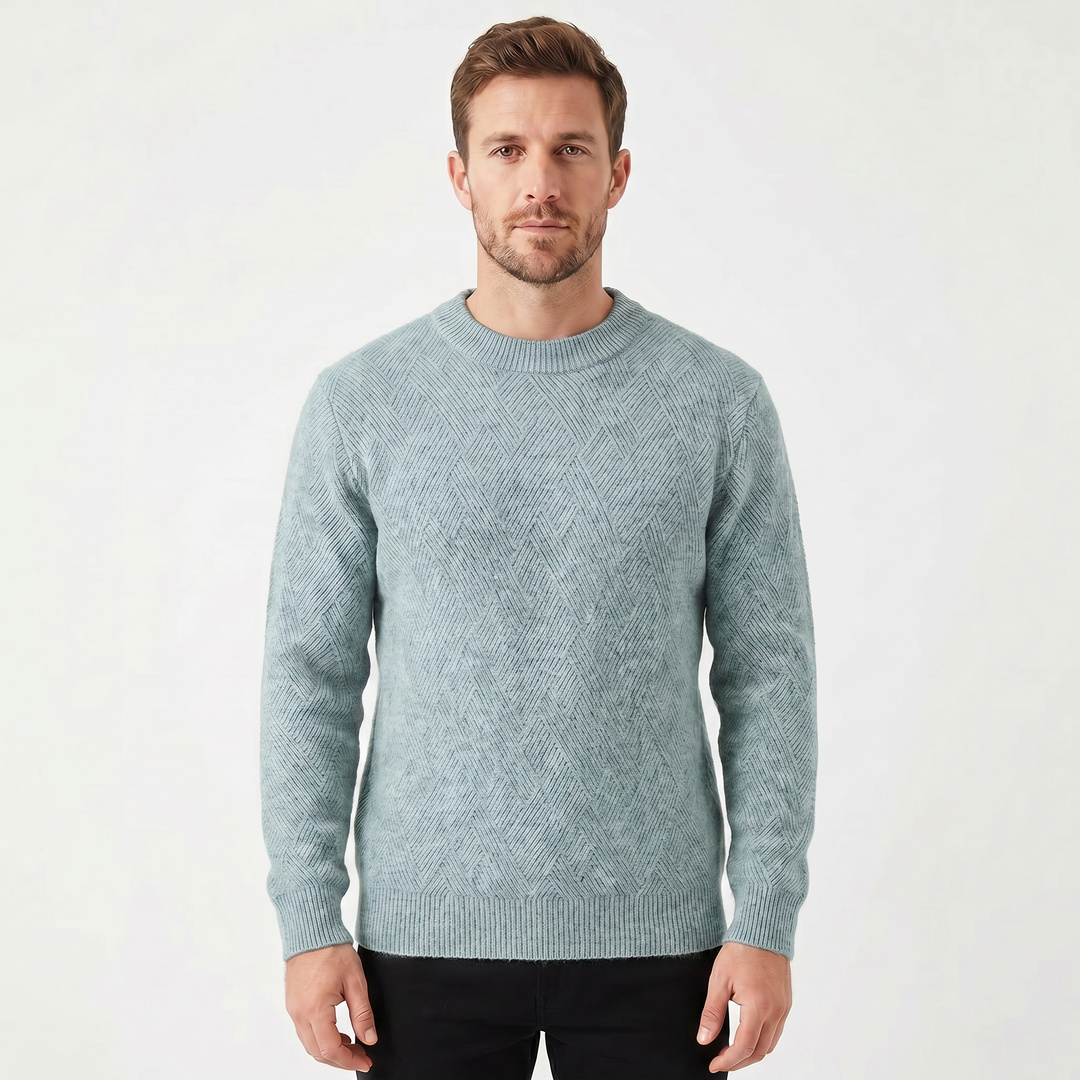 Men's Crew Neck Jumper – Diamond Jacquard Knit Fitted Rib Hem