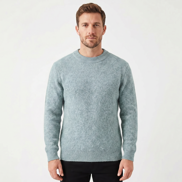 Men's Crew Neck Jumper – Diamond Jacquard Knit Fitted Rib Hem