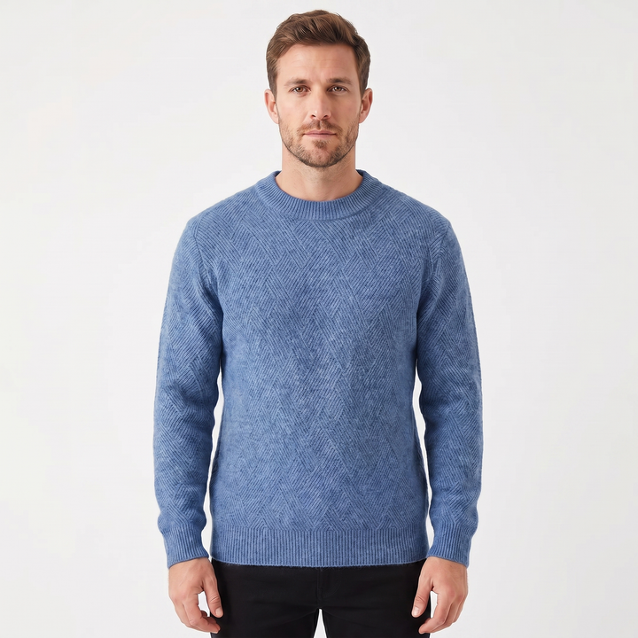 Men's Crew Neck Jumper – Diamond Jacquard Knit Fitted Rib Hem