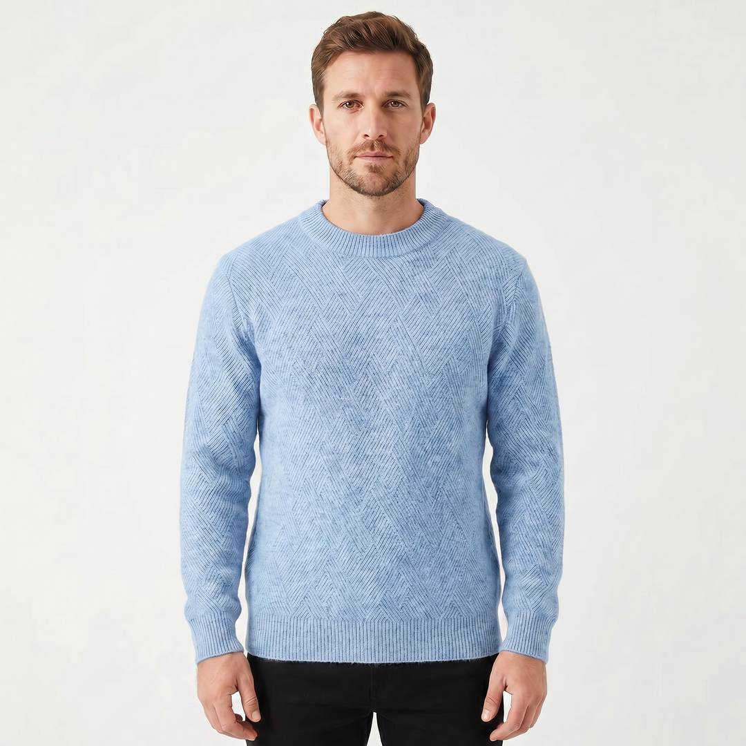Men's Crew Neck Jumper – Diamond Jacquard Knit Fitted Rib Hem