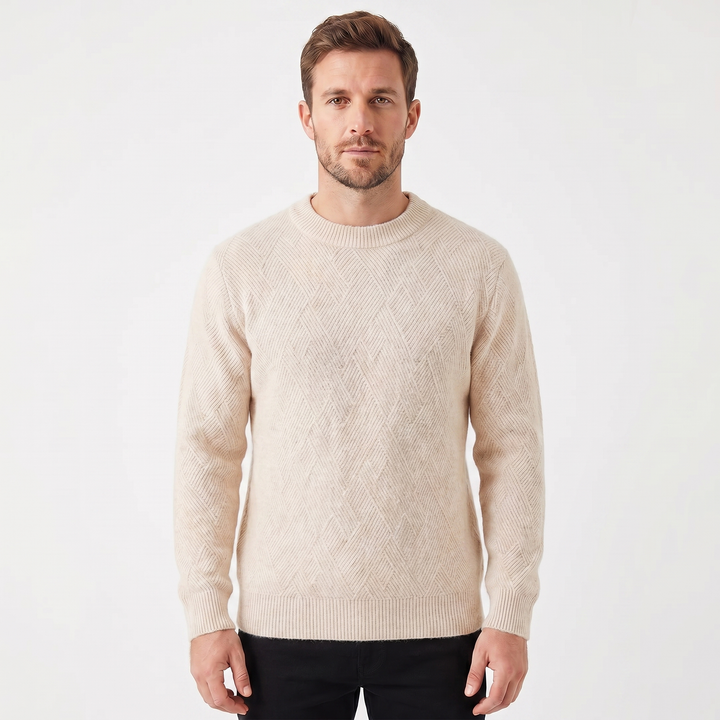 Men's Crew Neck Jumper – Diamond Jacquard Knit Fitted Rib Hem