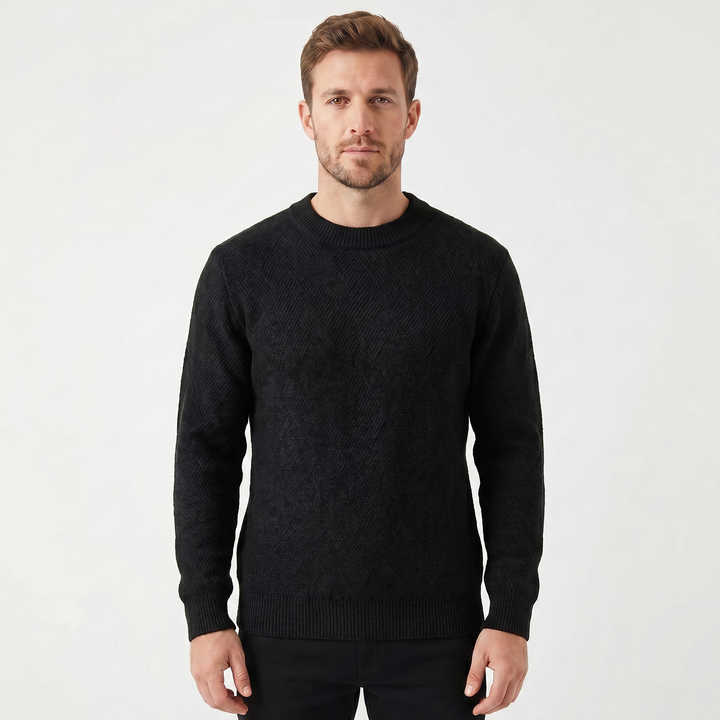 Men's Crew Neck Jumper – Diamond Jacquard Knit Fitted Rib Hem