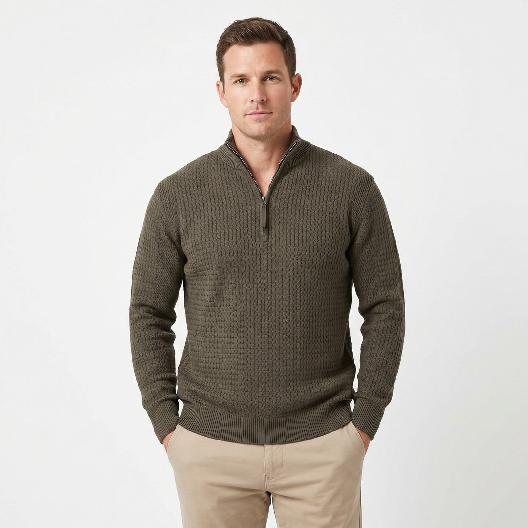Men's Half Zip Jumper – Textured Knit Ribbed Hem and Cuffs