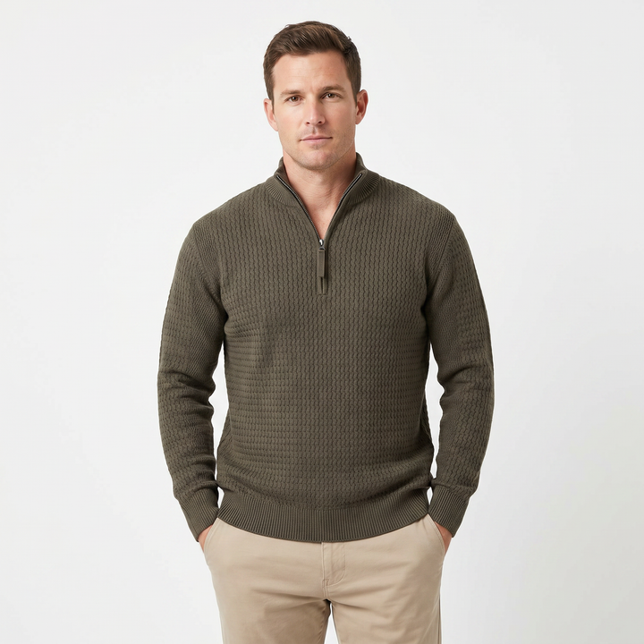Men's Half Zip Jumper – Textured Knit Ribbed Hem and Cuffs