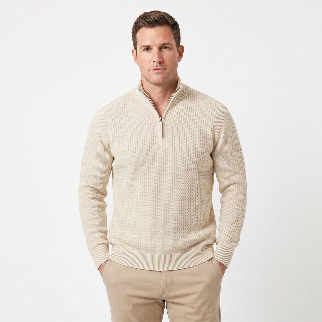 Men's Half Zip Jumper – Textured Knit Ribbed Hem and Cuffs