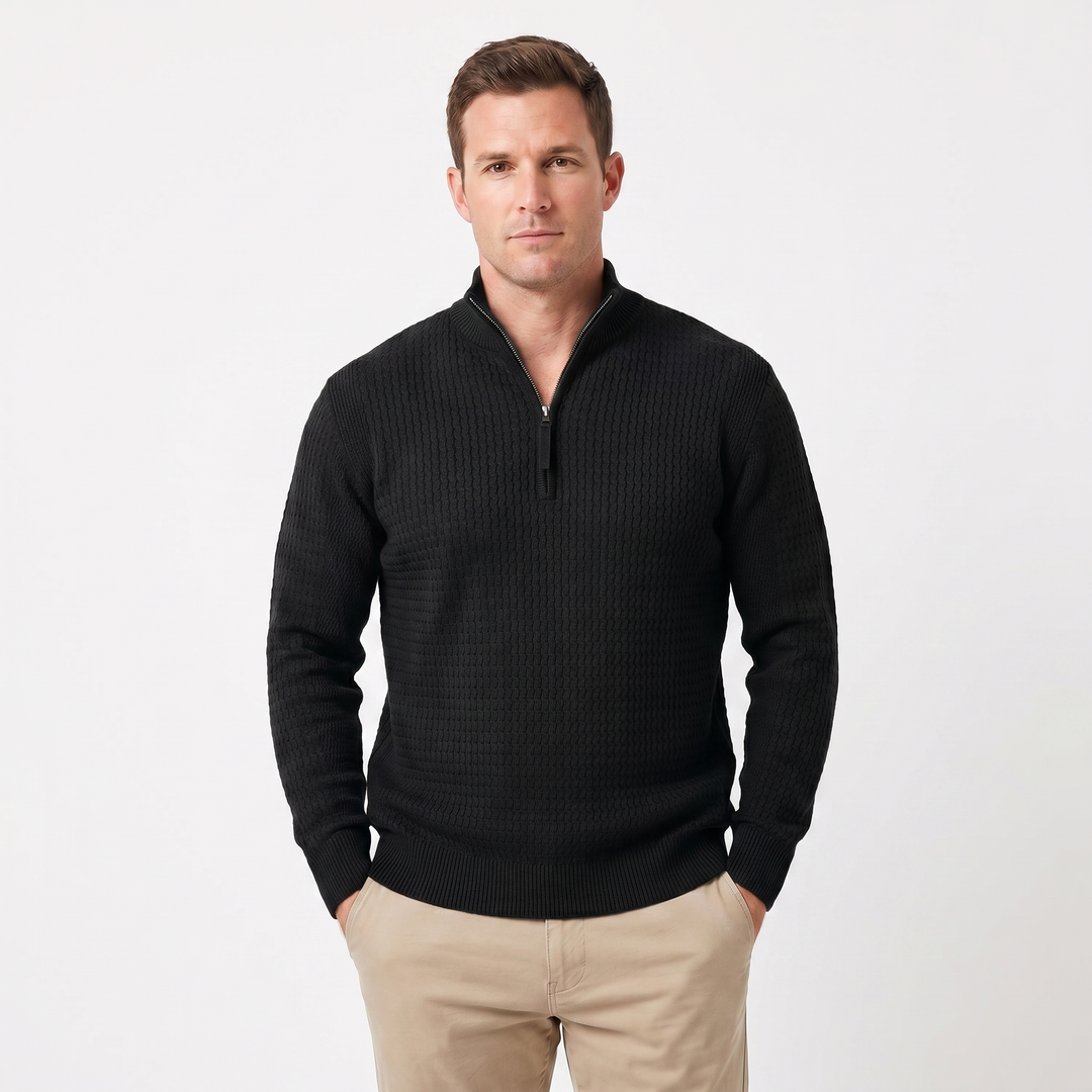 Men's Half Zip Jumper – Textured Knit Ribbed Hem and Cuffs