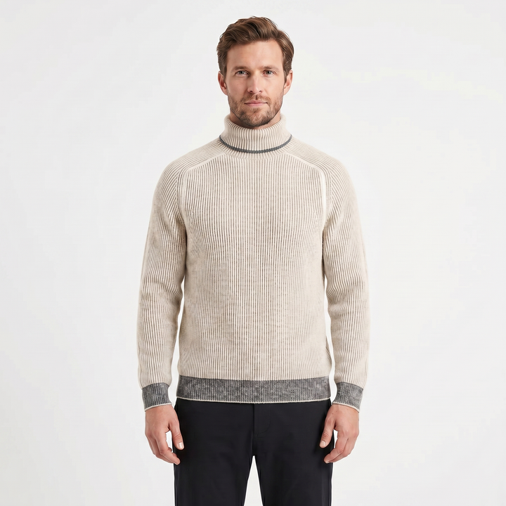 Mens Turtleneck Jumper – Ribbed Knit Contrast Trim