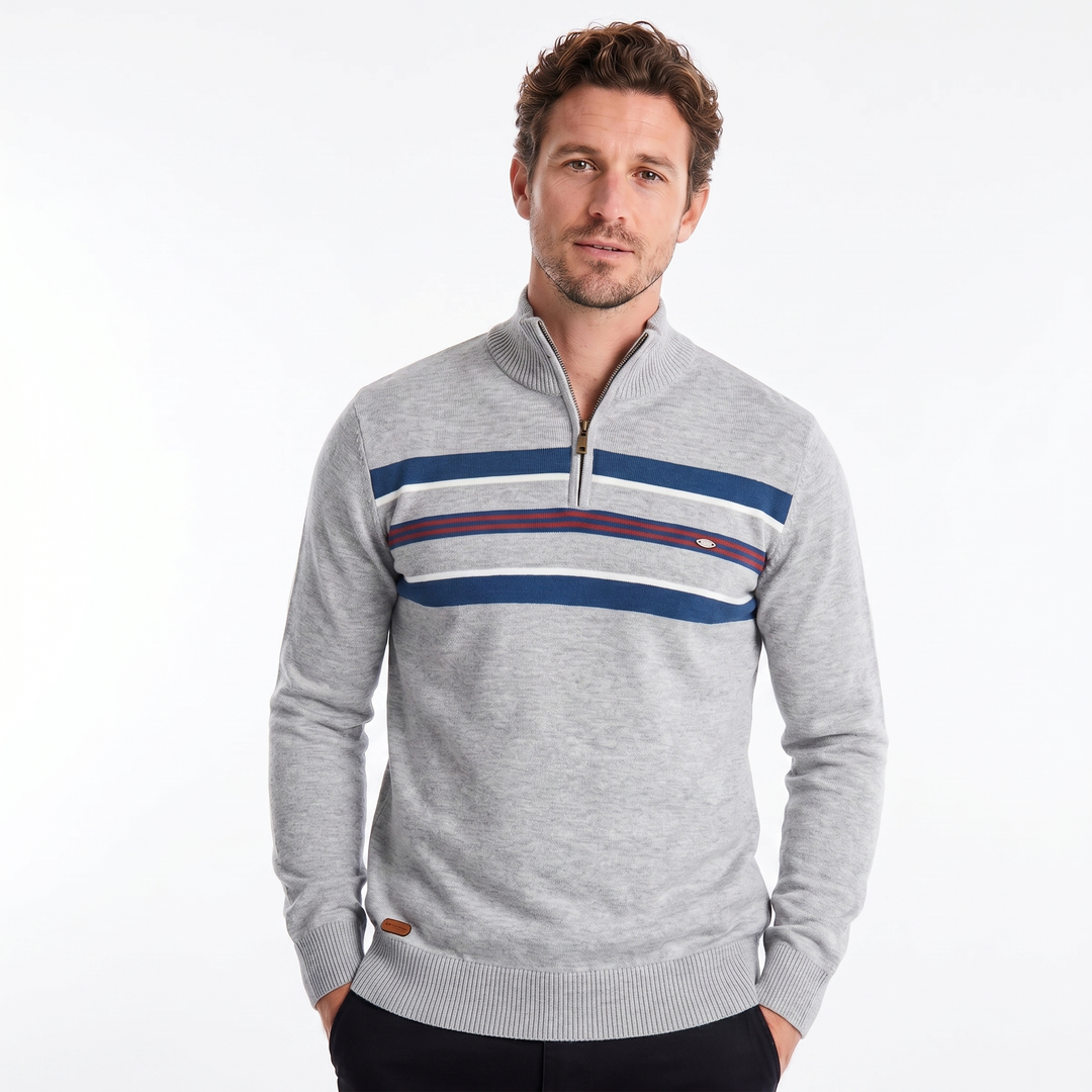 Men's Knit Quarter Zip – Chest Stripe Ribbed Hem