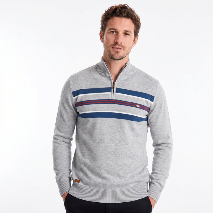 Men's Knit Quarter Zip – Chest Stripe Ribbed Hem