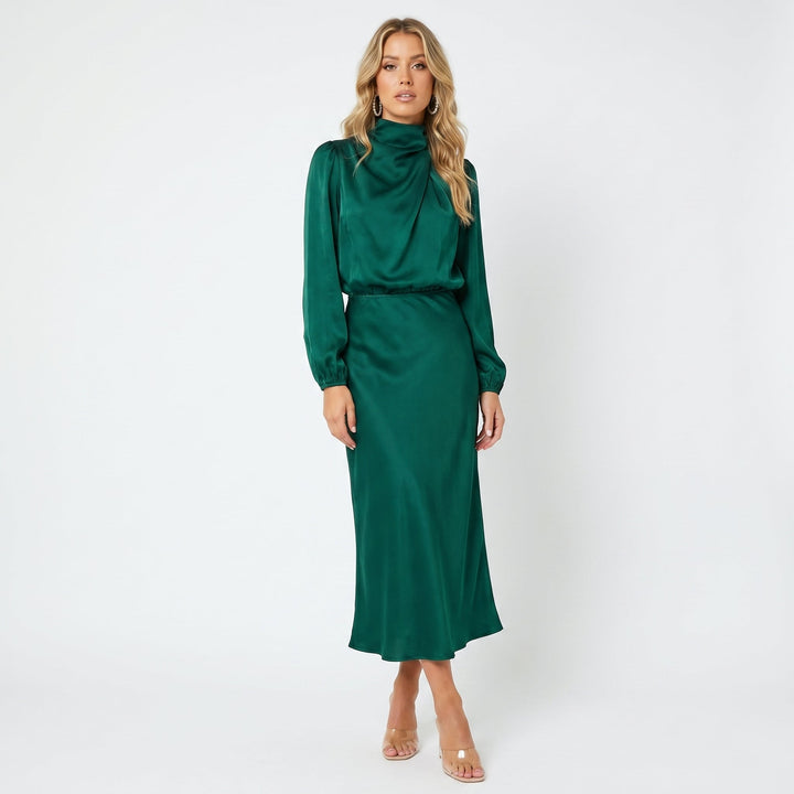 Women's Long Sleeve Satin Midi Dress – Cowl Neck Elasticated Waist