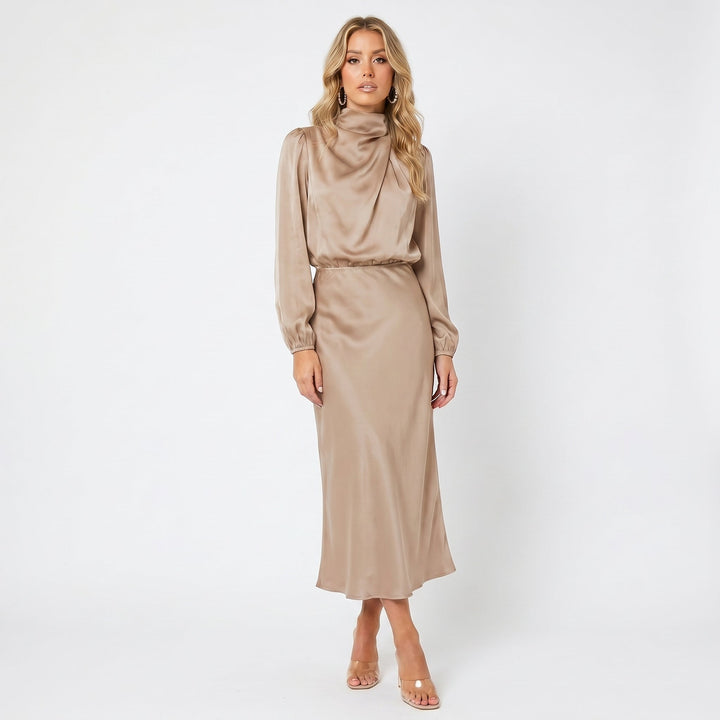 Women's Long Sleeve Satin Midi Dress – Cowl Neck Elasticated Waist