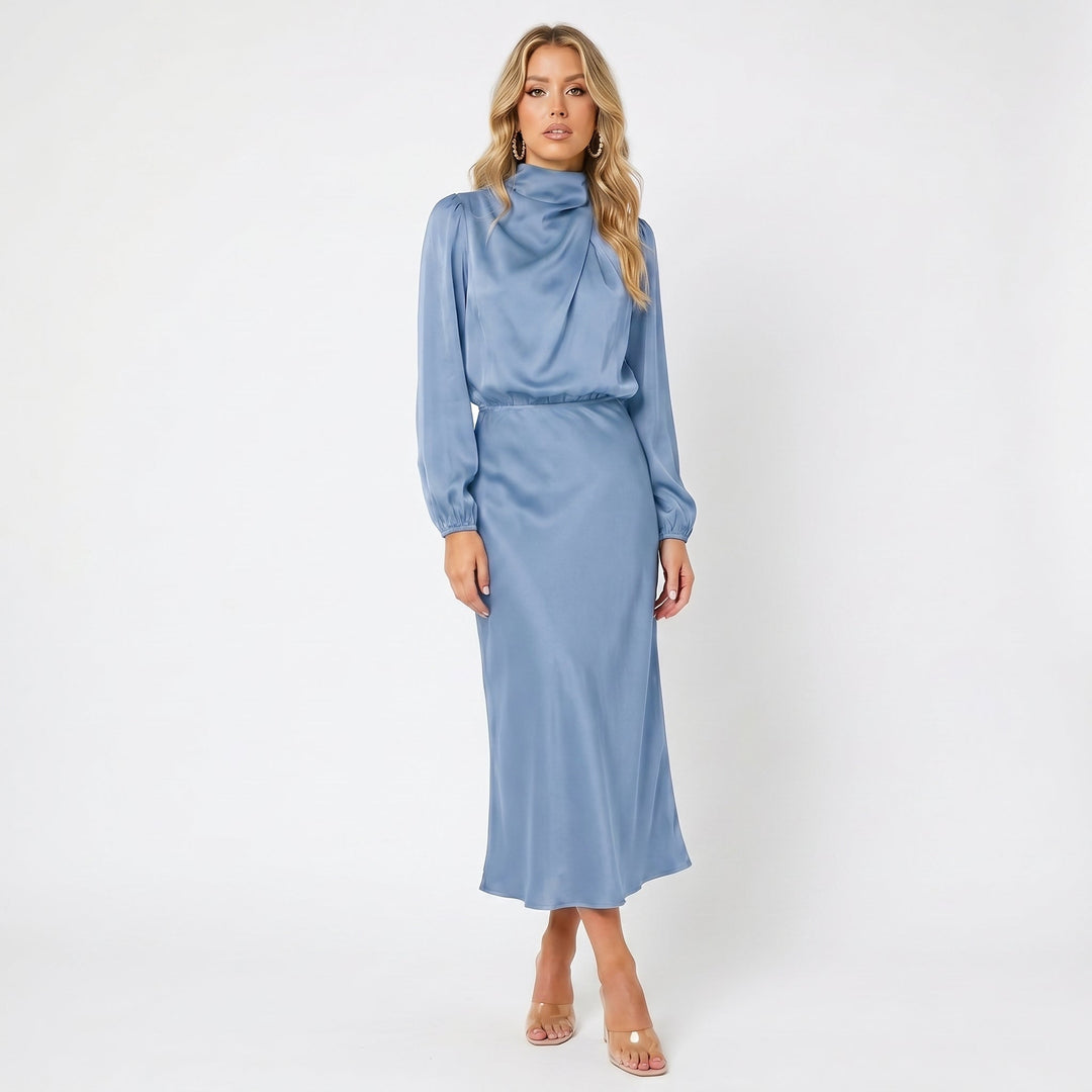 Women's Long Sleeve Satin Midi Dress – Cowl Neck Elasticated Waist
