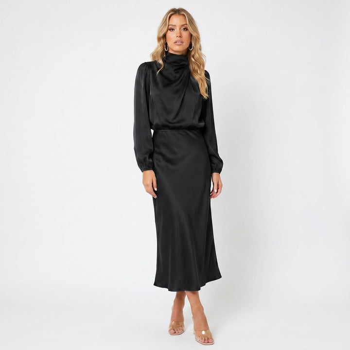 Women's Long Sleeve Satin Midi Dress – Cowl Neck Elasticated Waist