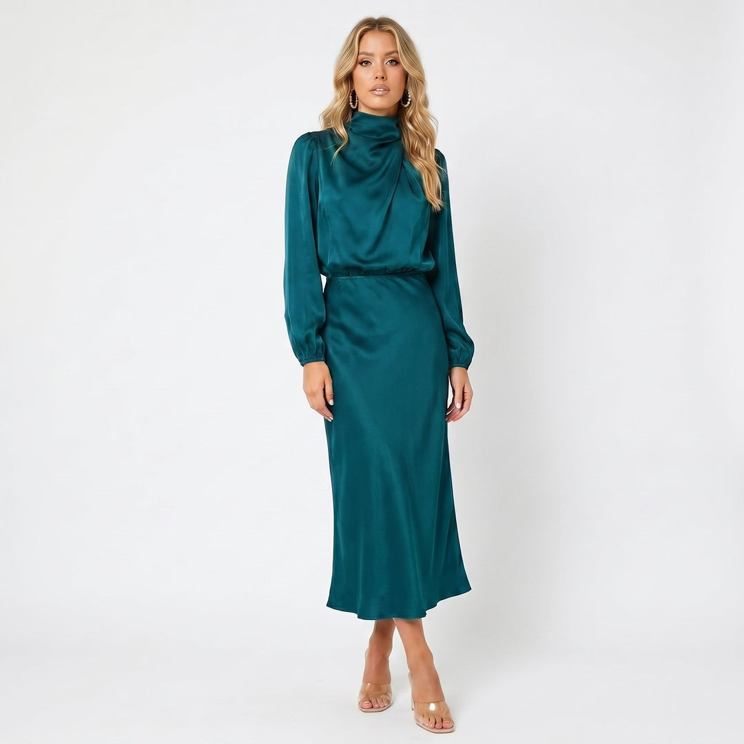 Women's Long Sleeve Satin Midi Dress – Cowl Neck Elasticated Waist