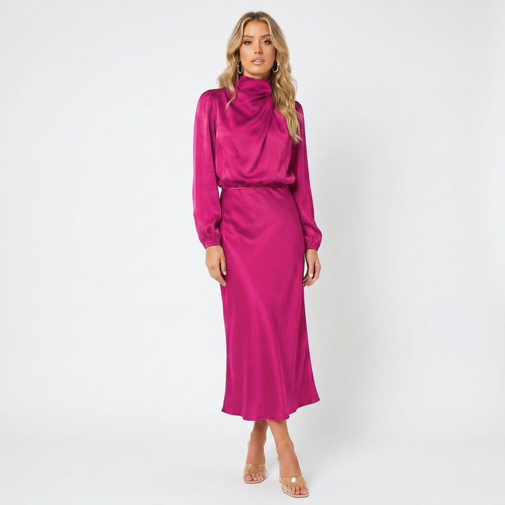 Women's Long Sleeve Satin Midi Dress – Cowl Neck Elasticated Waist