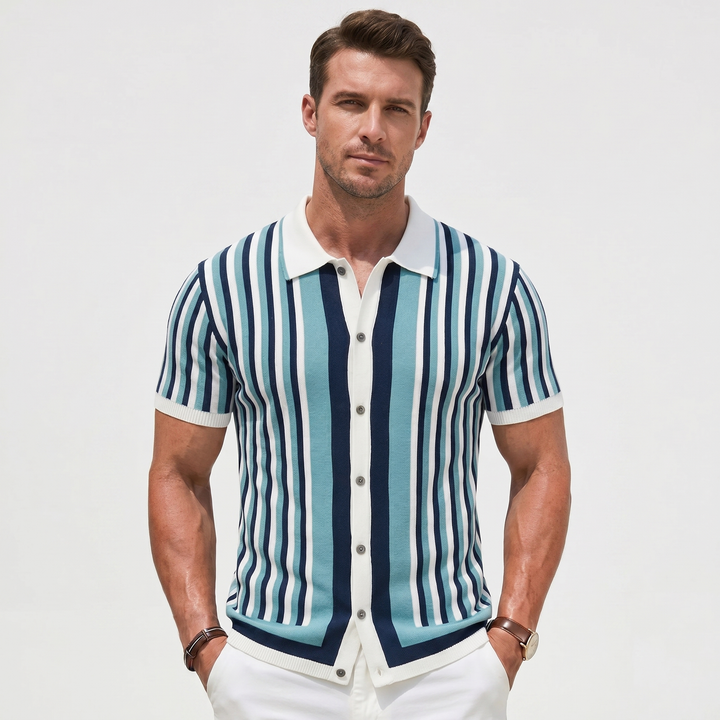 Men's Striped Knit Polo Shirt Short-Sleeve Button-Front Casual