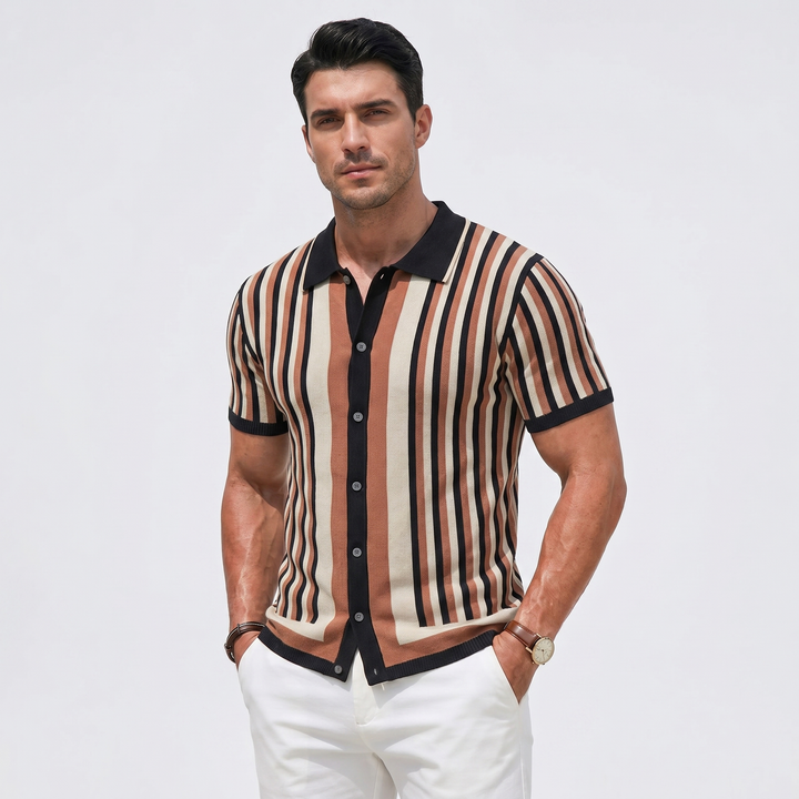 Men's Striped Knit Polo Shirt Short-Sleeve Button-Front Casual