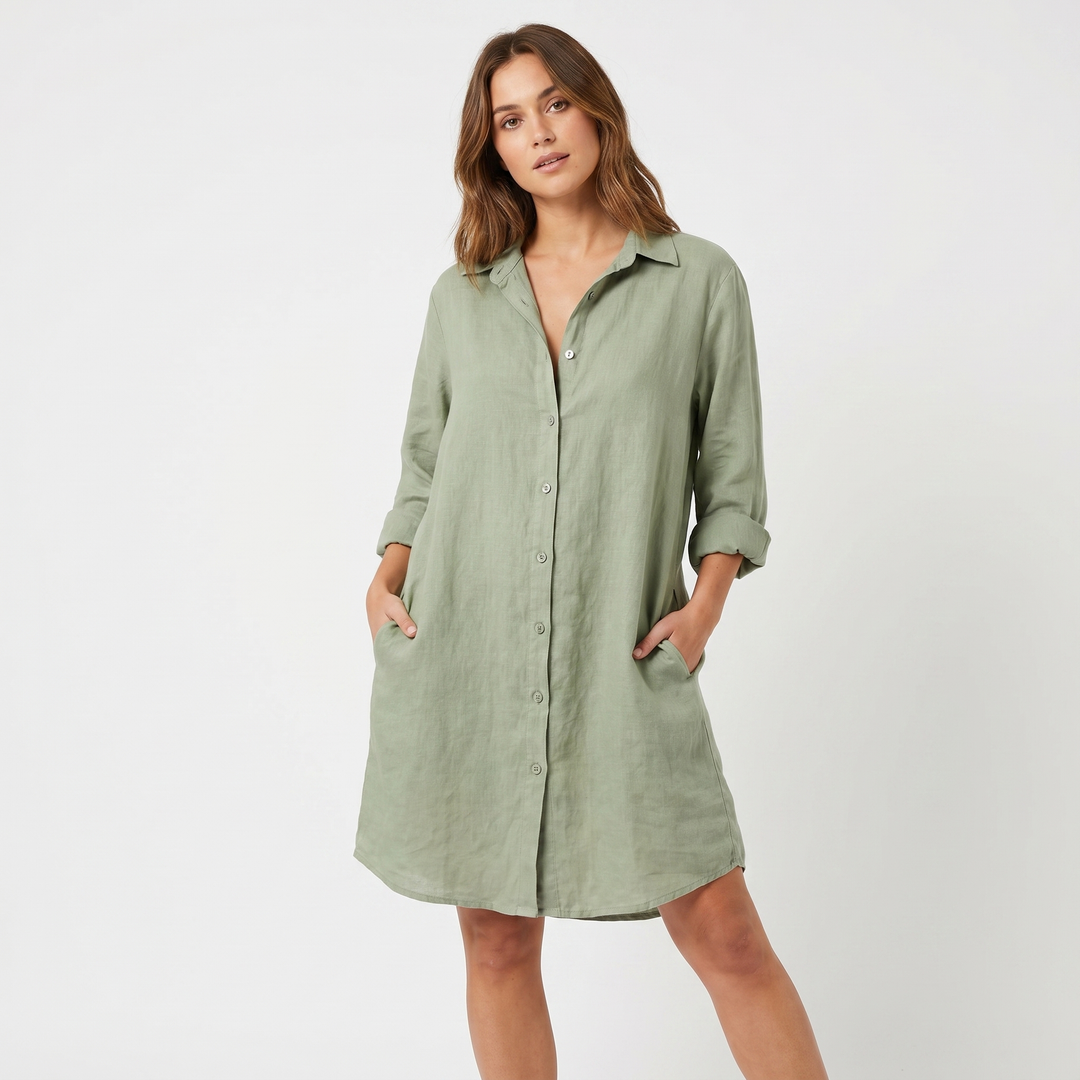 Women's Linen Shirt Dress Button-Down Knee Length Relaxed Fit